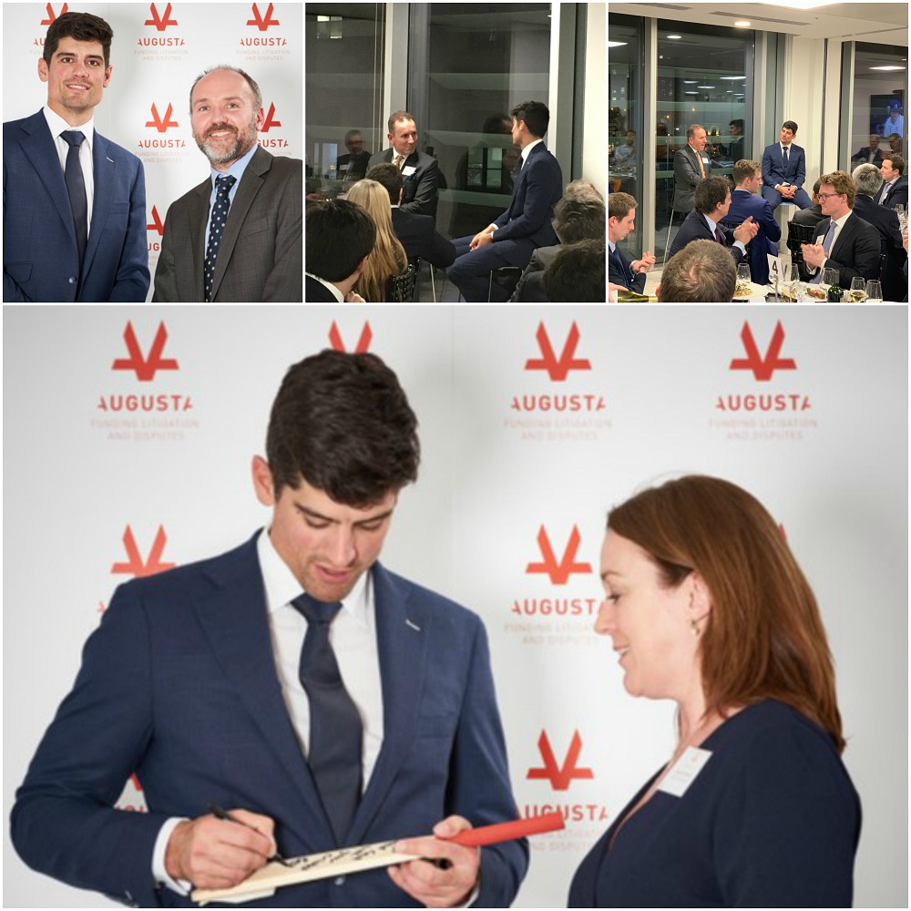 Former England Cricket Captain Alistair Cook standing infrom of Augusta branded board in the Augusta London offices while posing for photos and signing Cricket memorabilia 