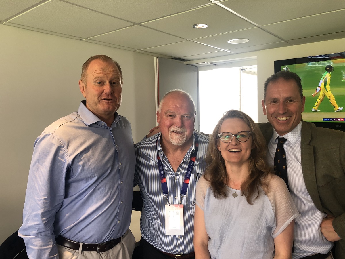 Managing Directors and founding partners Louis Young and Robert Hannah with Cheif Operating Officer Polly Bahl posing for photo with sitting with Former England Cricket player Matt Gatting in room while at Oval Cricket ground