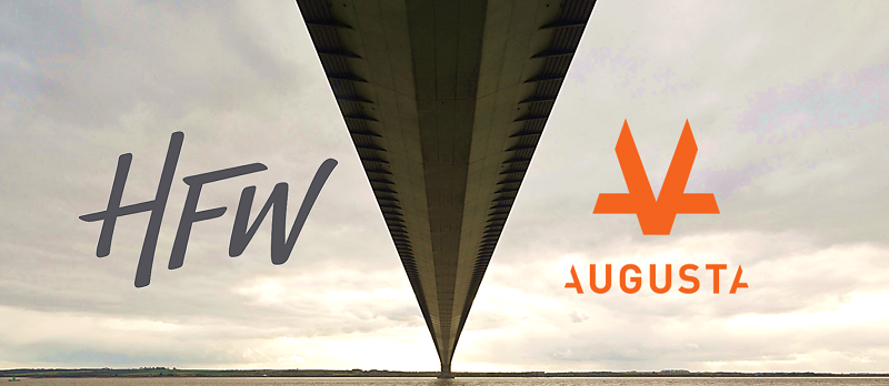 Long bridge with perspective underneath from one side of the river to the next with HFW logo on the left and Augusta orange logo on the right