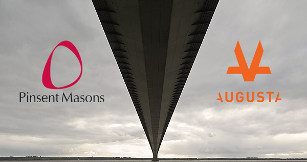 photo of the underneath of a bridge from one side of the river to the next with Pinsent Masons crimson logo on the left and Augusta Ventures orange logo on the right