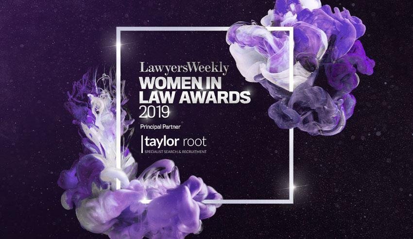 Purple graphics banner with text highlighting the women in law awards